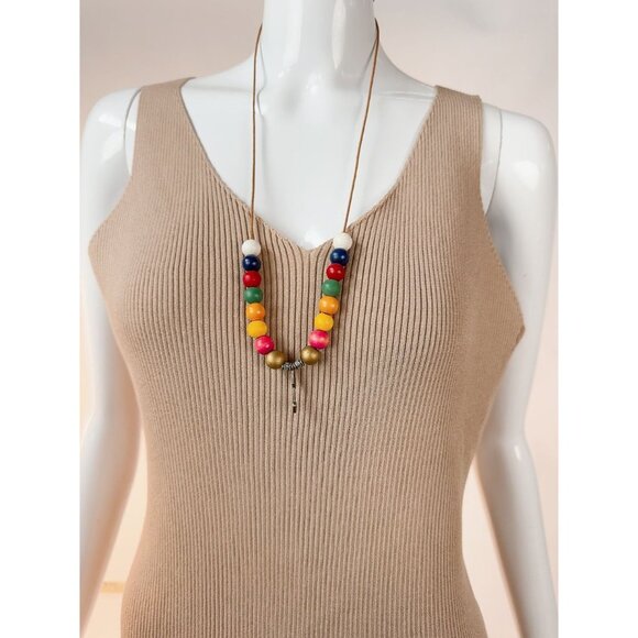 Colorful Wooden Bead Necklace With Brass Accents & Arrow Pendant On Leather Cord - Picture 3 of 16